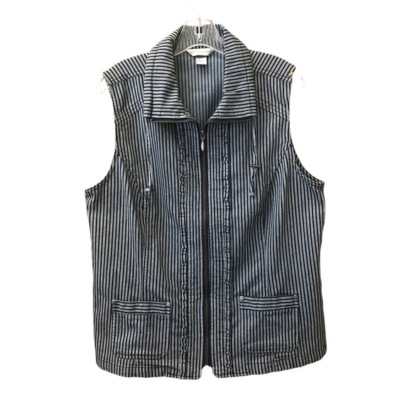 Christopher & Banks/ navy and White stripped vest/ open pockets/ zip up / L - Picture 1 of 12
